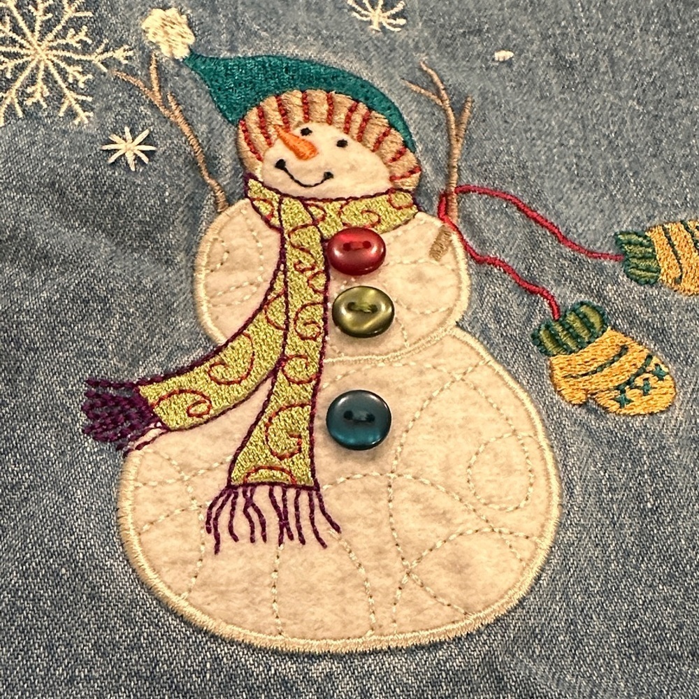 CJ Banks Blue Button Down Shirt with Snowman Embroidery - Picture 8 of 10